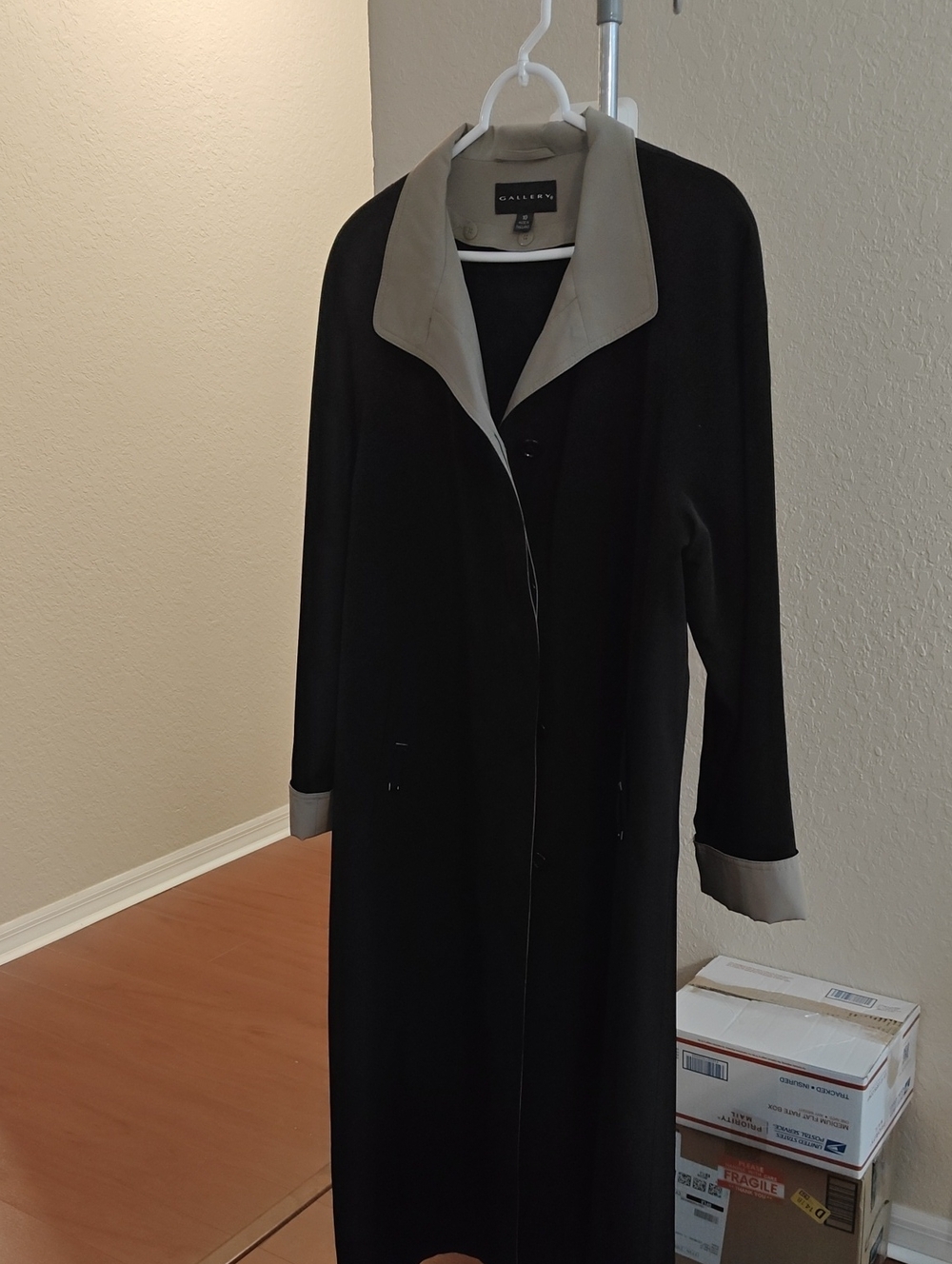 Gallery Black Trench Coat with Tan Collar and Cuffs